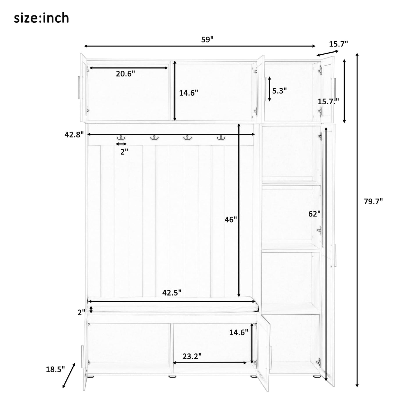 Amposei Modern Hall Tree with Shoe Storage Bench & Coat Rack, 79.72''H Tall Entryway Cabinet Organizer with 6 Doors, 4 Hooks & Padded Seat for Hallway Mudroom Living Room, White