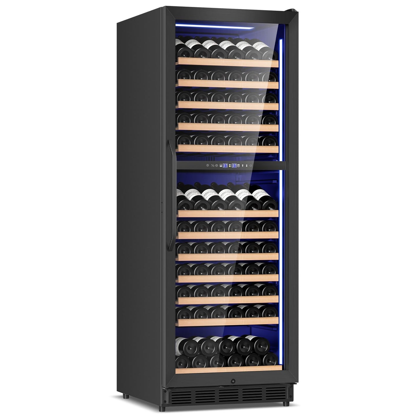 FoMup Wine Fridge Dual Zone, Freestanding Wine Cooler Refrigerator 180 Bottles Large Capacity with Sliding Rail Wooden Shelves and Door Lock, Black