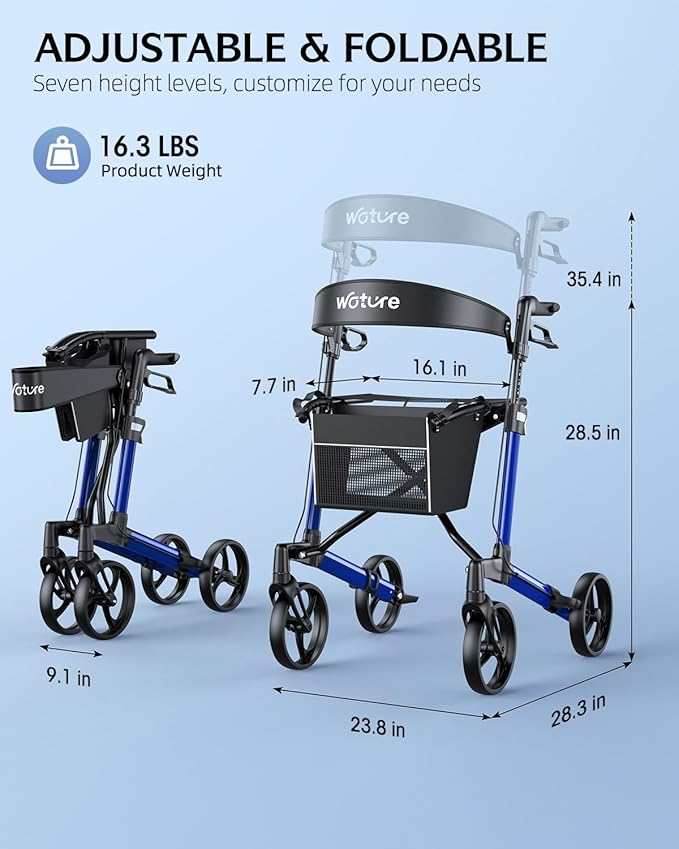 WOTURE Rollator Walker with Seat, Lightweight Rolling Walker, Foldable Rollator Walker for Seniors, 8" Big Wheels for All Terrain, Dual Height Adjustment, Only 16 Ib, Blue
