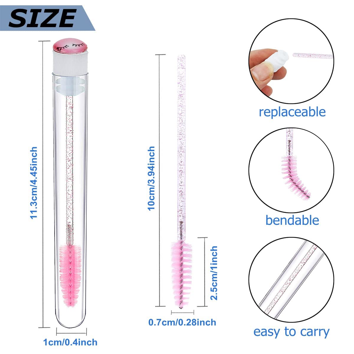 Mascara Wand Brushes Tubes Set-70 Pieces Disposable Eyelash Brushes Replacement with 20 Pieces Empty Container Tubes for Eyelash Extension Lash (Pink Eyelash)