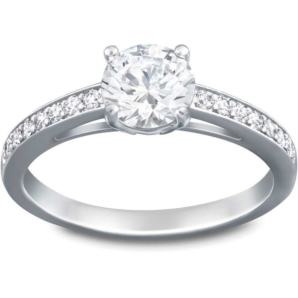 Swarovski Attract Ring, Round Clear Crystal Center Stone with Clear Crystal Pav   on a Rhodium Plated Setting, Size 8