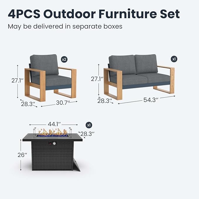 4 Pieces Aluminum Patio Furniture Set, Outdoor Conversation Sets with High Backrest Sofa and Fire Pit Table for Garden and Backyard