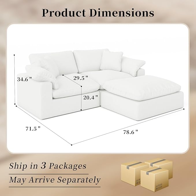 Intuition Decor Modular Sectional Sofa Cloud Couch,Down Filled Comfy Cloud Modern Sofa,White Linen L Shape Oversized Couch Cushion Covers Removable for Living Room