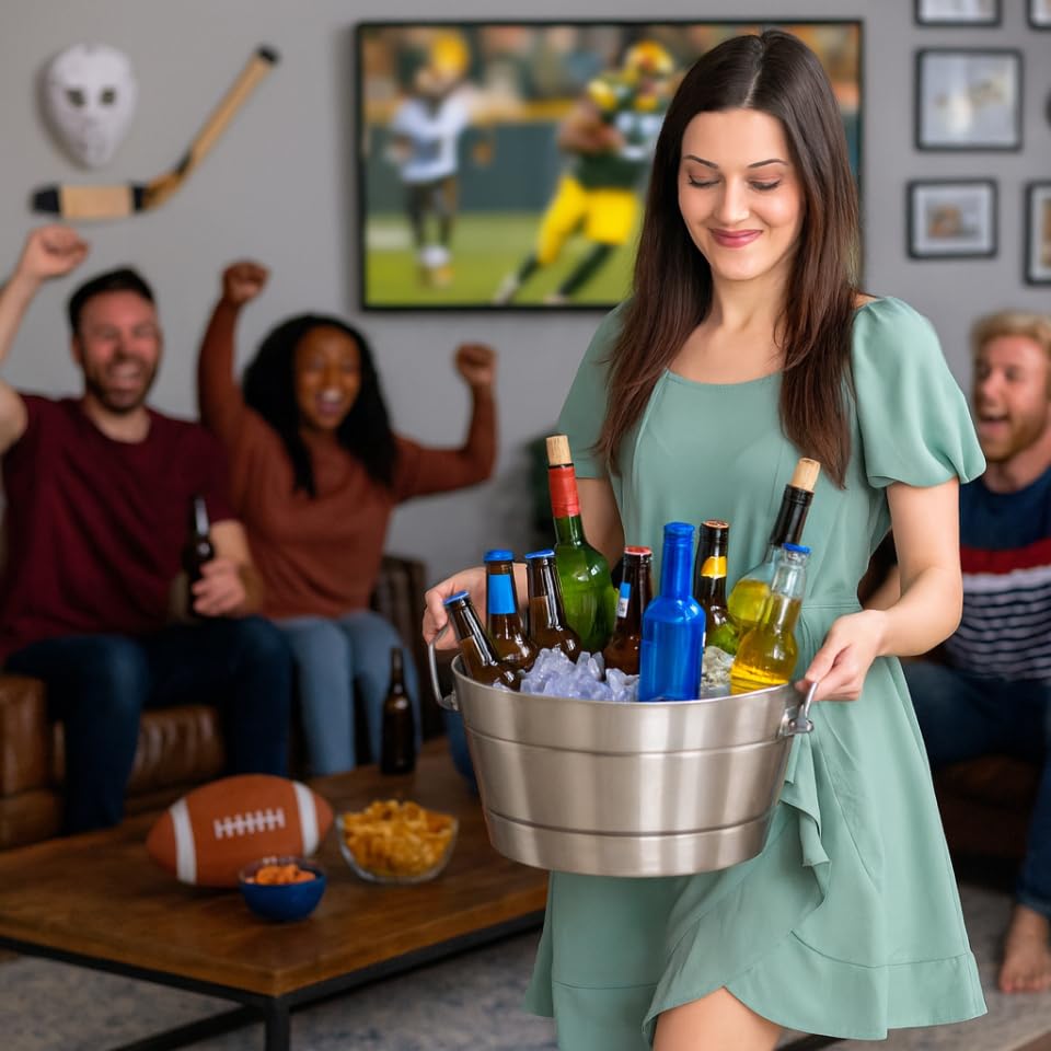 BREKX Stainless Steel Ice Bucket for Parties, Double Wall Insulated Anchored Brushed Drink Tub & Wine Bucket with Double H...