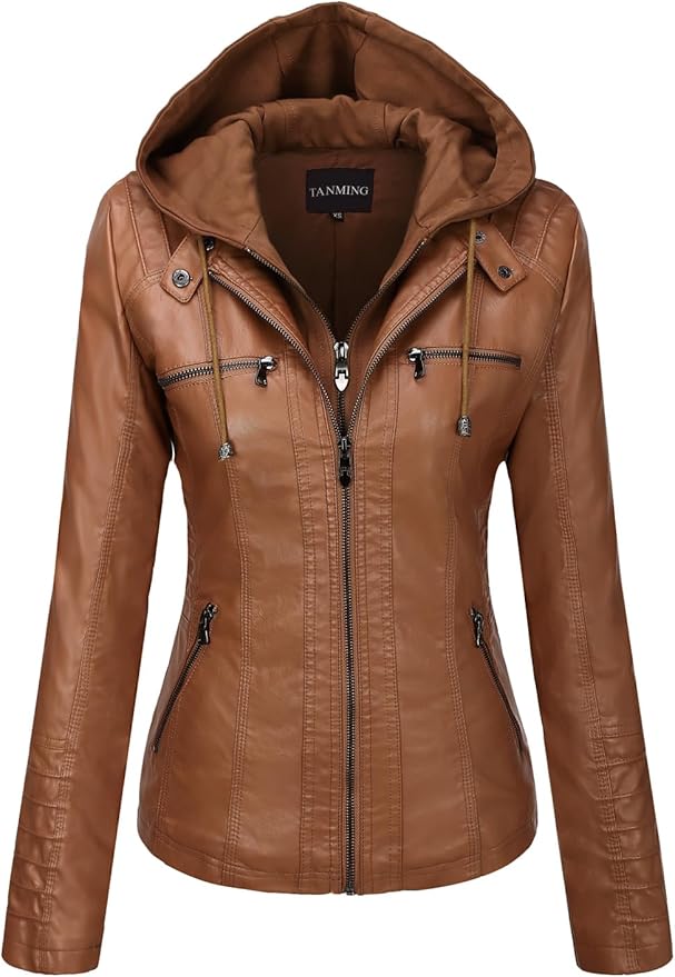 Tanming Womens Faux Leather Jacket Hooded Moto Biker Coat Outerwear Fall Fashion Outfits Winter Clothes