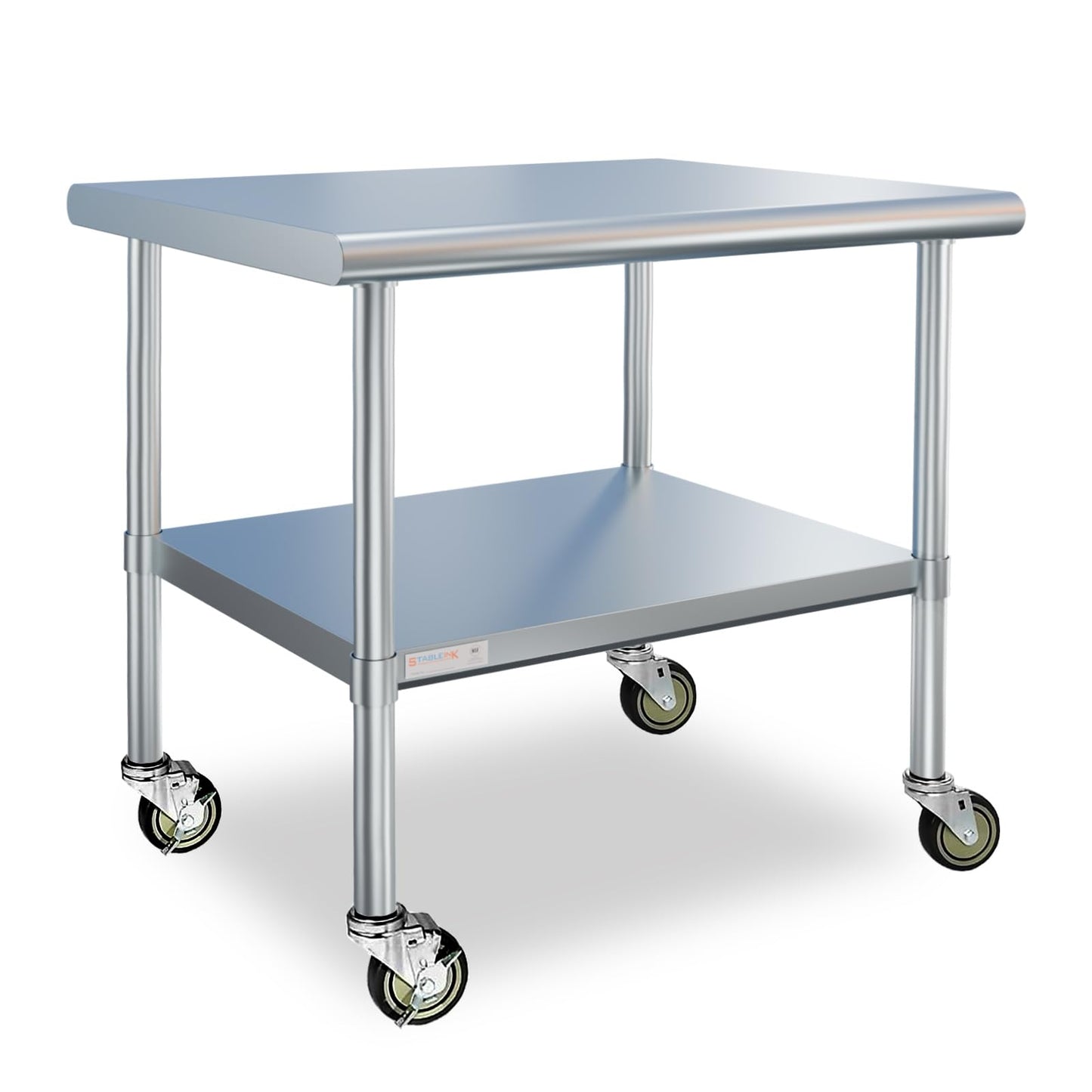 STABLEINK NSF Stainless Steel Prep Table with Wheels 30 x 36 Inches 3ft, Metal Workbench with Adjustable Lower Shelf, for Commercial Kitchen, Restaurant, Hotel, Laundry and Garage
