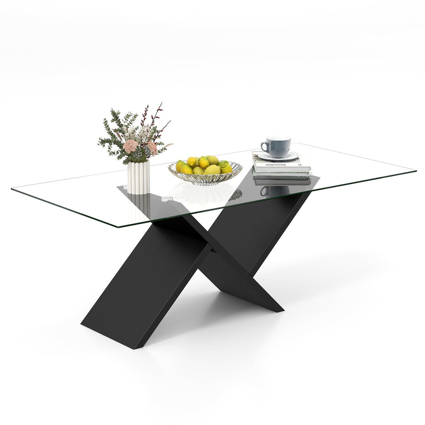 Tangkula Rectangle Glass Coffee Table, 47” Modern Center Table with Tempered Glass Tabletop & Geometric Rubber Wood Frame, Versatile Accent Table for Living Room (Black)