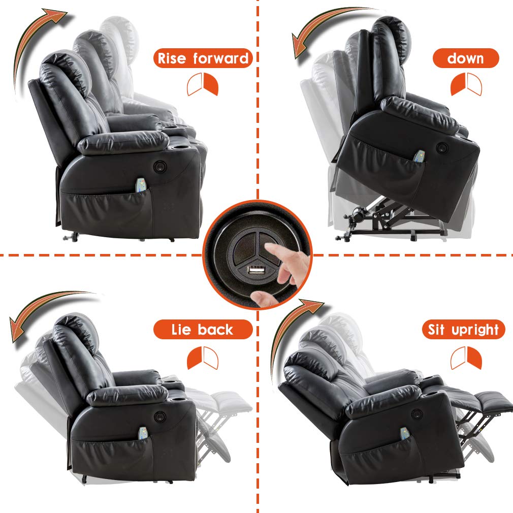 BestMassage Electric Power Lift Chair Recliner Sofa for Elderly Massage Chair, Adjustable Furniture with Vibration Massage and Lumbar Heated,Remote Control,USB Ports for Living Room (Black, Leather)