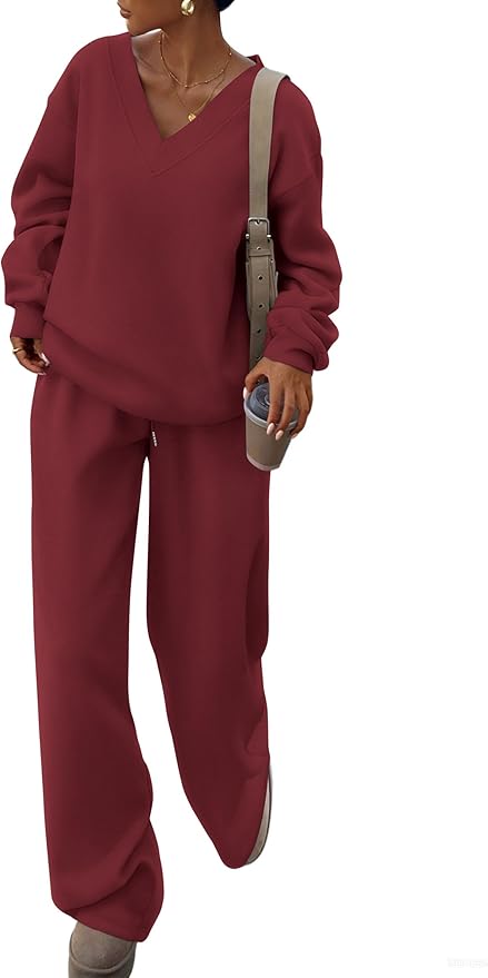 PRETTYGARDEN Casual Winter Two Piece Sets for Women 2026 V Neck Sweatshirt Loose Wide Leg Pants Tracksuit Knit Fall Outfits