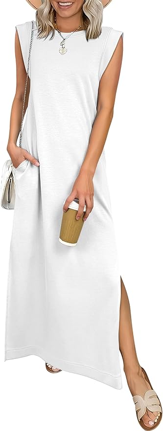 ANRABESS Women Summer Casual Sleeveless Maxi Dress 2026 Crewneck Loose Split Wrinkle-Free Beach Travel Vacation Long Sundress