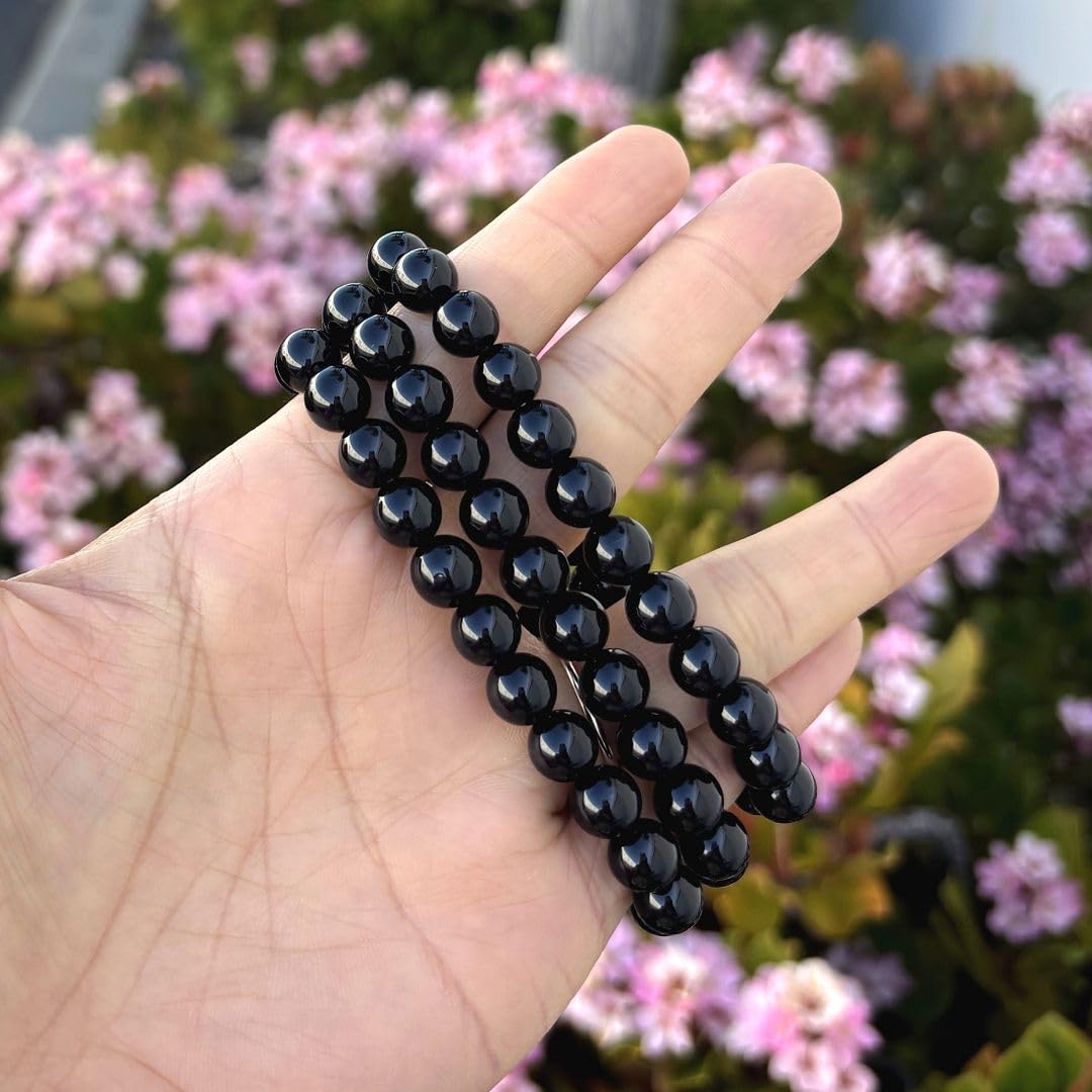 Adabele Real Natural Black Agate Gemstone Beaded Bracelet 8 inch Stretch Chakra Healing Crystal Stone Jewelry Women Mom Gift (Un