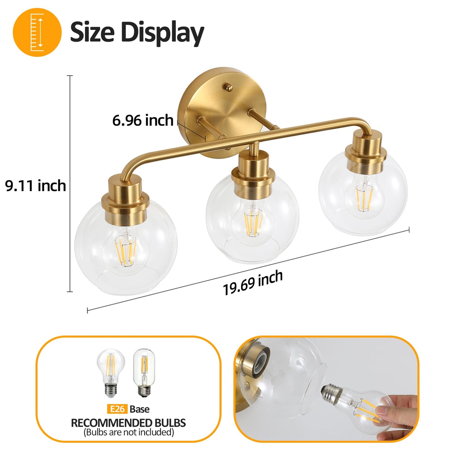 Bathroom Light Fixtures Gold Vanity Light 3 Light Wall Sconces Lighting Brushed Brass Lights with Clear Globe Glass Shades Bath Wall Lamp for Mirror Kitchen Living Room Bedroom Hallway