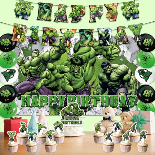 42pcs Hulks Birthday Party Supplies Pack Includes，Banner，Cake Topper，Blackdrop,Balloons for Hulks party Decoration