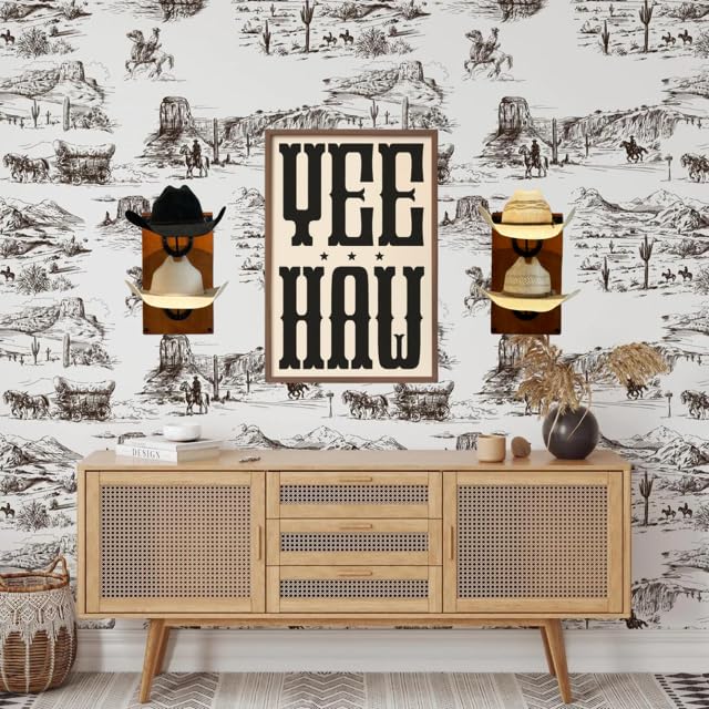 R828 Ranch Cowboy Hat Rack For Wall Mount (34.6” x 10.1” x 13.5”) | Wood Cowboy Hat Holder | Hanging Western Hat Rack w/Metal Accents | Customizable Hat Organizer w/Handmade Horseshoe Mounts