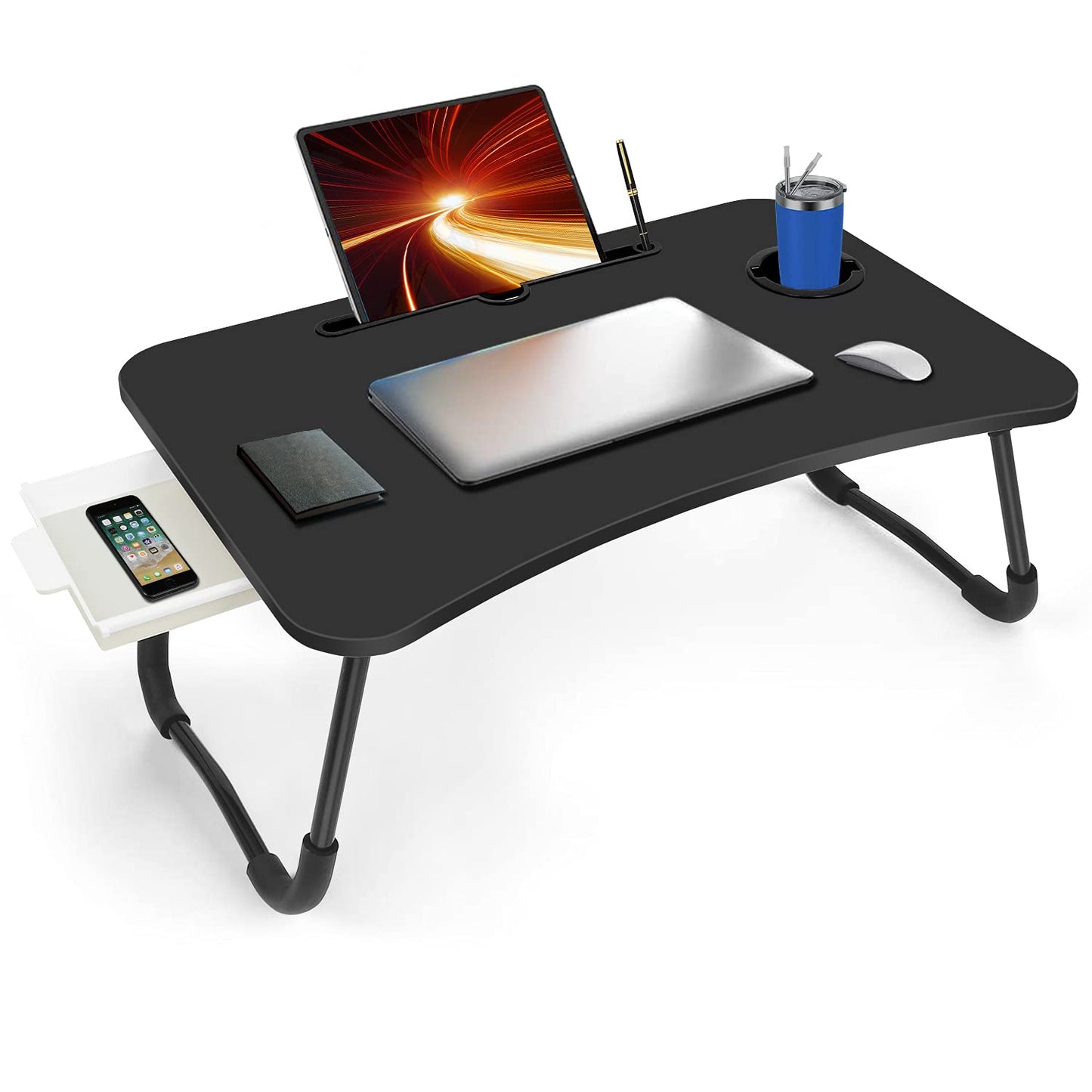 Fayquaze Portable Foldable Laptop Bed Desk with Storage Drawer and Cup Holder - Lap Desk Laptop Stand Tray Table for Eating, Reading and Working