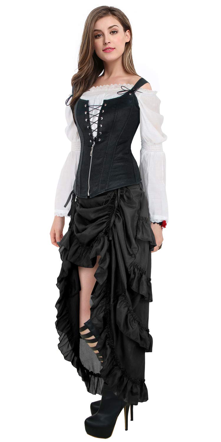 Charmian Women's Steampunk Gothic High Low Ruffle Cyberpunk Skirt Black Small