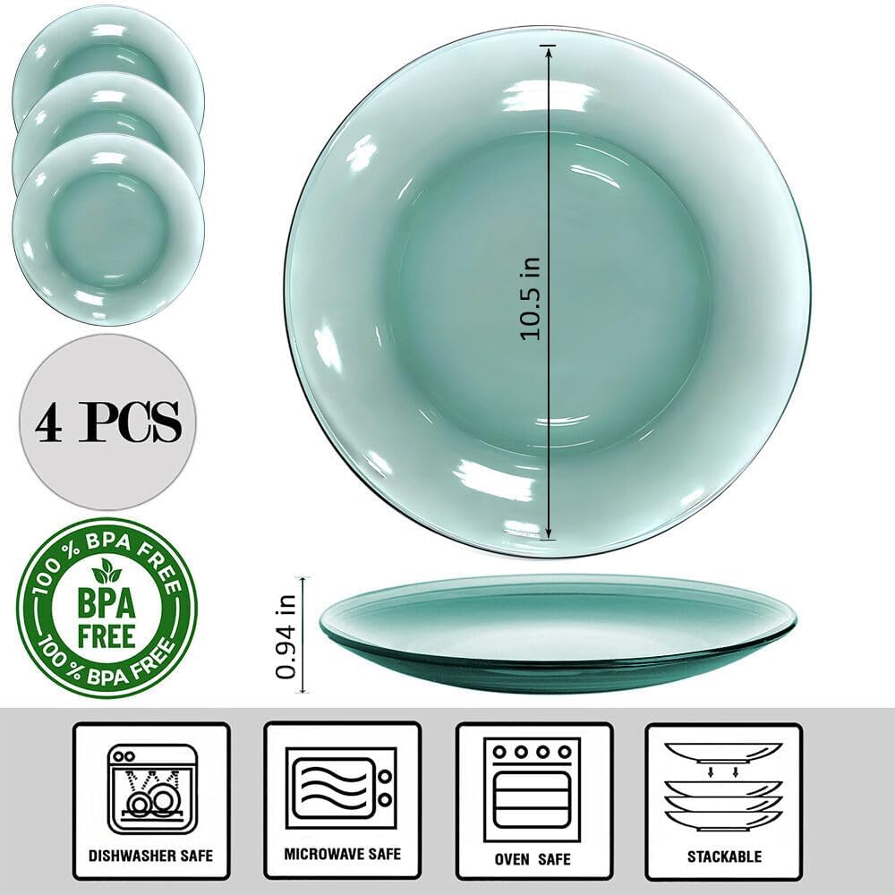 STP GOODS Glass Soup and Salad Bowl with Handles, Cobalt Transparent Glass Eating Plates, Circular Dinnerware for Salad, Bread, Dinner (Green Set 4)