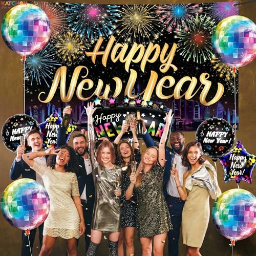 KatchOn, Neon New Years Decorations 2026 Set - Huge, Pack of 10 | Rainbow Happy New Year Banner, New Years Balloons, Disco...