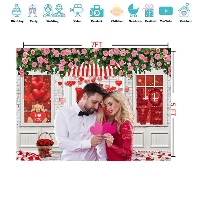 CYLYH 7X5FT Valentine's Day Backdrop Valentine's Day Store Backdrop Pink Rose Flower Brick Wall Background Mother's Day Pa...
