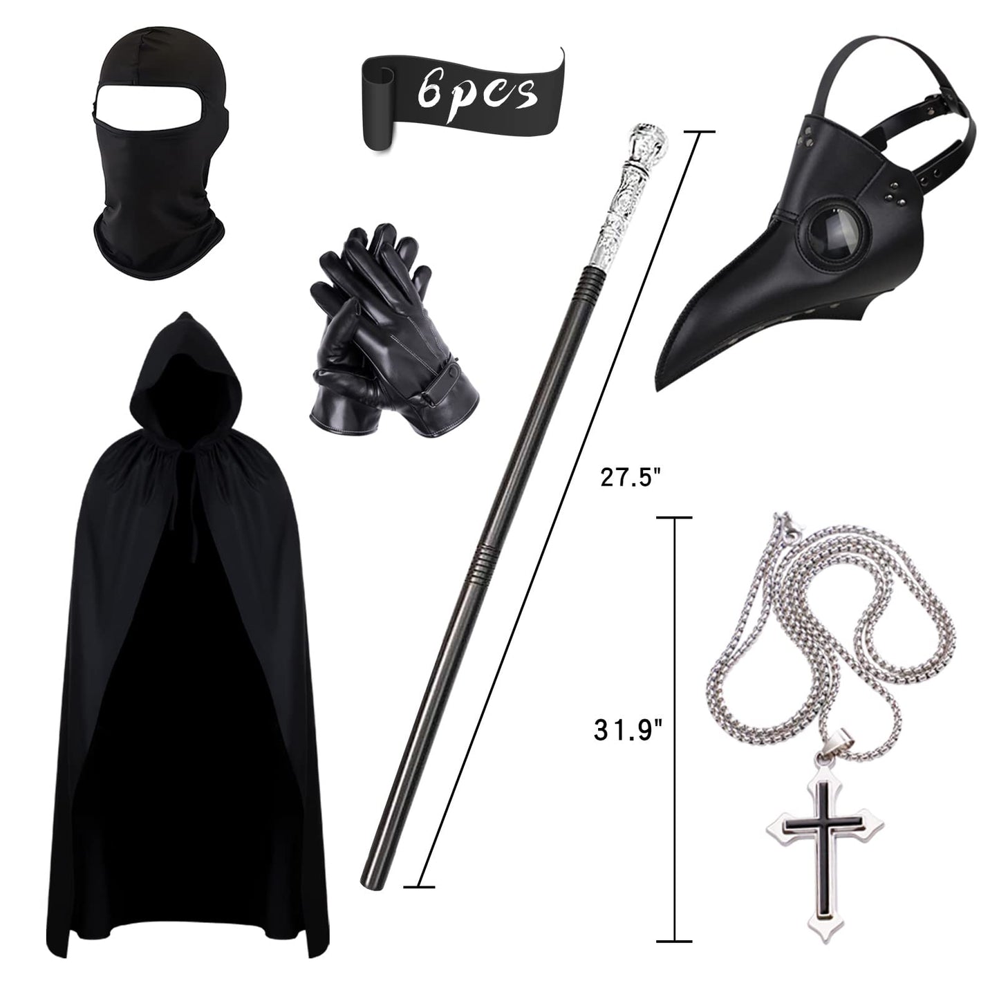 Halloween Plague Doctor Mask ，Steampunk Horror Scary Halloween Plague Doctor Mask Costume Props for Party Prom Gifts Set 6 in 1 for Men Women Kids (6 PCS)