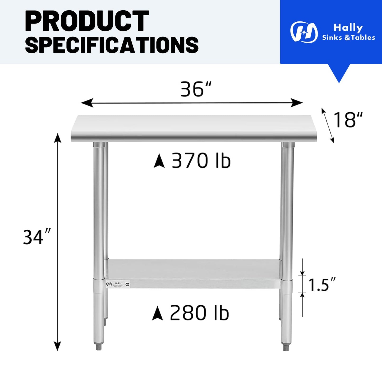 Hally Stainless Steel Table for Prep & Work 18 x 36 Inches, NSF Commercial Heavy Duty Table with Undershelf and Galvanized Legs for Restaurant, Home and Hotel