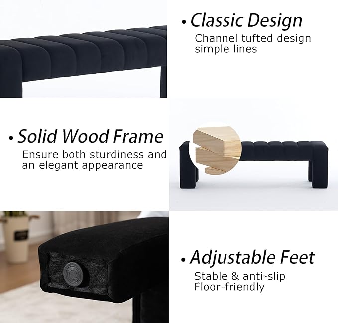 AIITTCC Velvet End of Bed Bench Upholstered Modern 59" Bedroom Bench for King Bed Bench Tufted Window Bench Comfy Long Ottoman for Living Room/Entry/Indoor(Black, 59" Wide)
