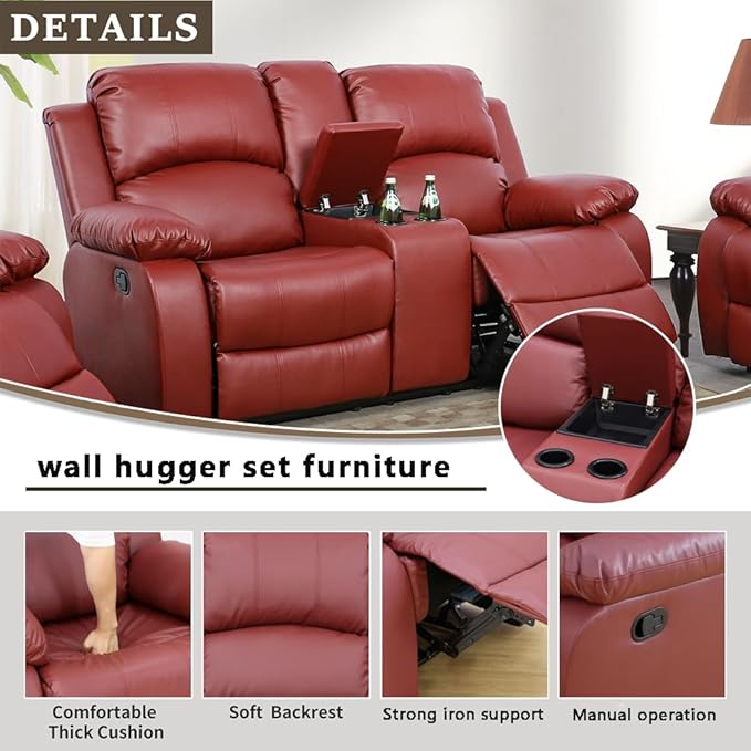 A Ainehome Living Room Furniture Set Leather Recliner Sofa Set Loveseat Chair Furniture Sofa Set for Living Room/Small Space/Rv/House/Office/Theater Seating (A-Red Leather, Loveseat)