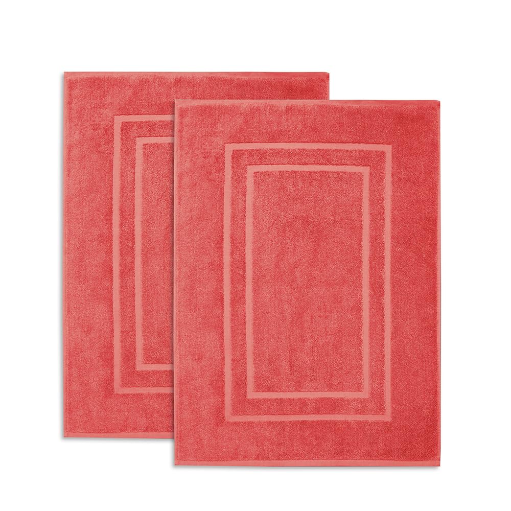 Feather & Stitch 2 Piece Towel Like Bath Mats (30x21 Inch) 100% Cotton Terry Mat for Hotel, Spa, Shower Floor Mats [NOT A Bathroom Rug], Soft Absorbent Washable Mats - Coral