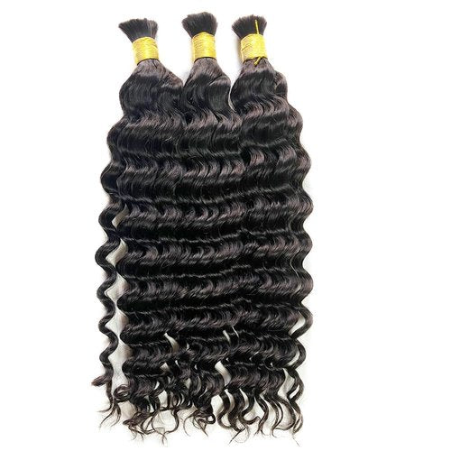 TIJRLGVBN Bulk Human Hair Deep Curly 3 Bundles (300g) - Boho Knotless & Box Braids 16 Inch Natural Black