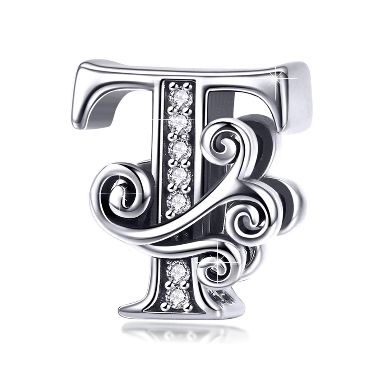 BISAER 925 Sterling Silver Initial Letter T Charms for Bracelets Alphabet Beads Charm Jewelry Gifts
