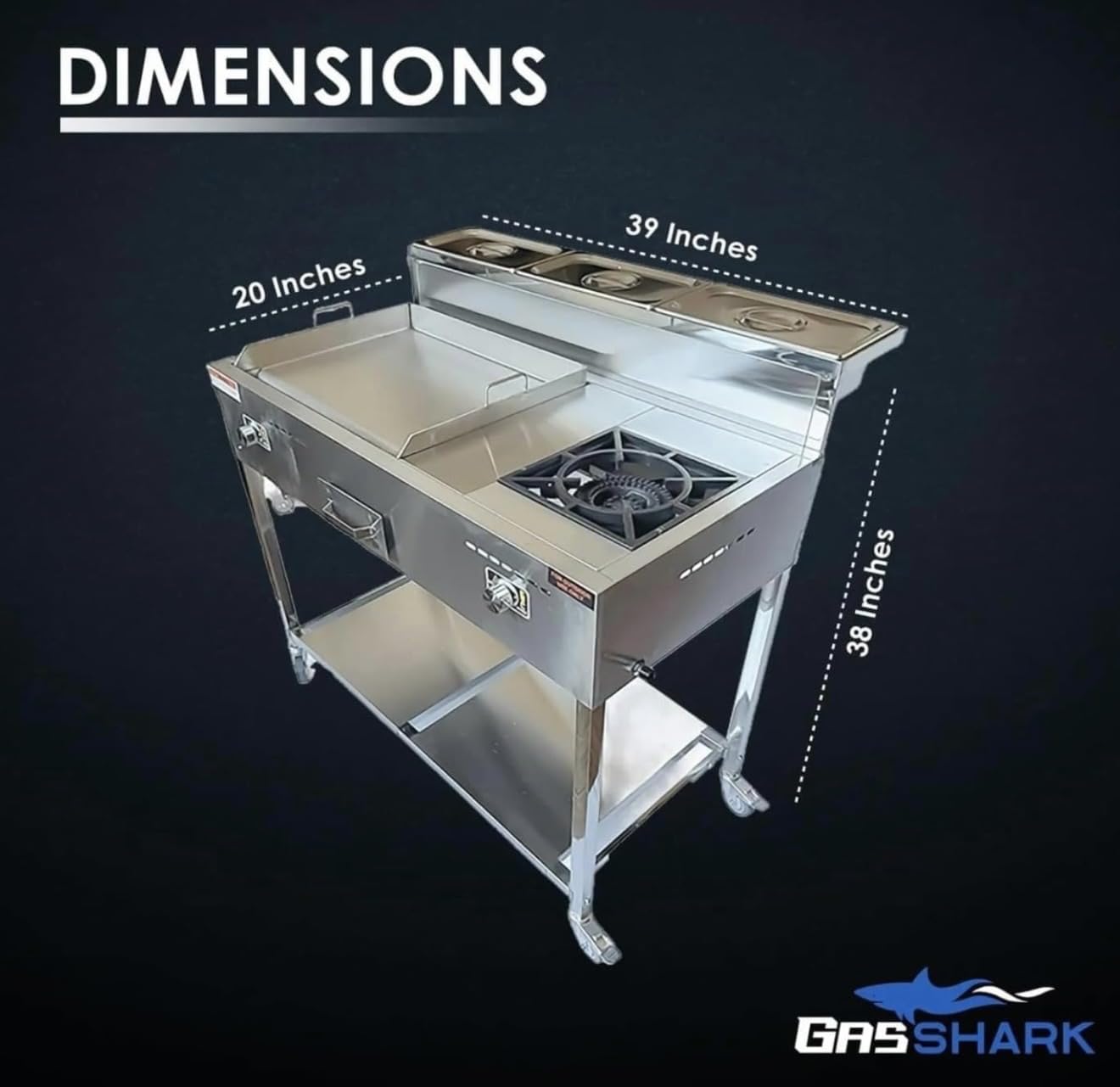 Burner Stove and Flat Top Griddle Cart | 20” Stainless Steel Griddle | 30,000 BTU Cast Iron Burner Stove | Outdoor Propane | Portable 4 Wheel | 3 Condiment Container Pans | Commercial & Home Use