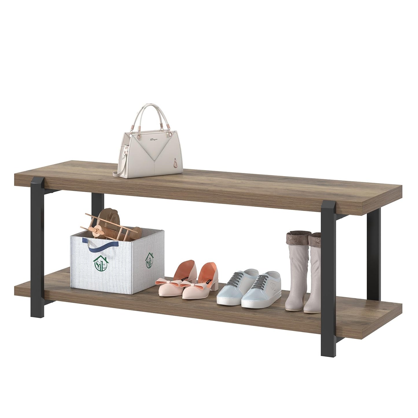 FOLUBAN Entryway Bench, Industrial Shoe Storage Bench for Bedroom Living Room, Modern Indoor Bench Seat for Hallway Front Door Entrance, Easy Assembly, Oak 47 inch