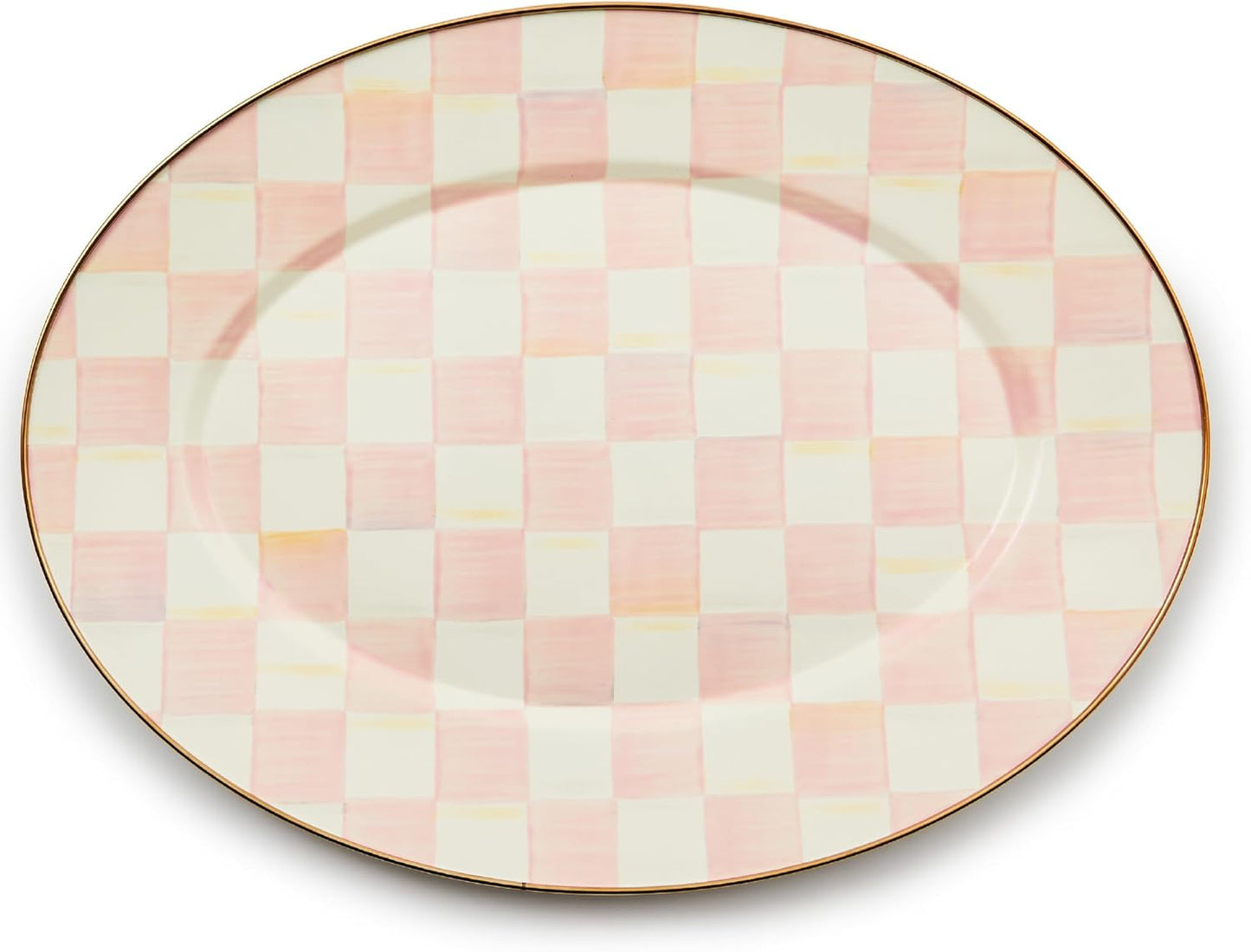 MACKENZIE-CHILDS Enamel Oval Platter, Serving Plate for Entertaining, Medium, Pink-and-White Rosy Check