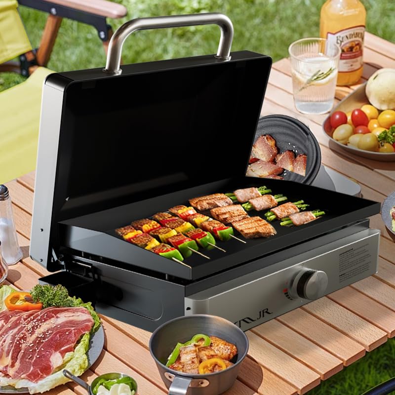 XMJR Tabletop Griddle 18 inch,Portable Propane Grill With Cover for Outdoor Backyard Camping Cooking,Small Gas Grill Propa...