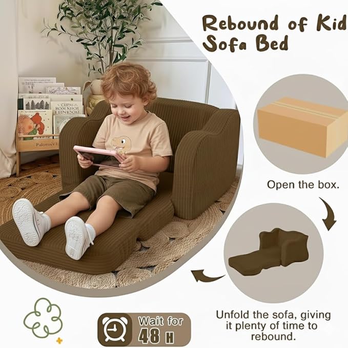 MeMoreCool Toddler Lounge & Sofa Bed Chair – Corduroy, Brown, Ages 1‑3 | 2‑in‑1 Fold‑Out Kids Couch & Pull‑Out Recliner for Playtime, Nap Time & Lounging