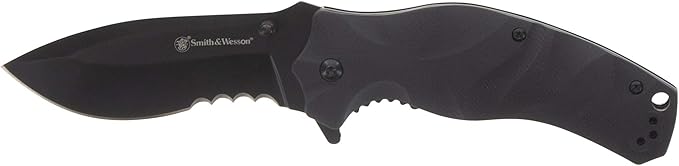 Smith & Wesson Black Ops Recurve 8in S.S. Assisted Opening Knife with 3.5in Drop Point Blade and G10 Handle for Outdoor, T...