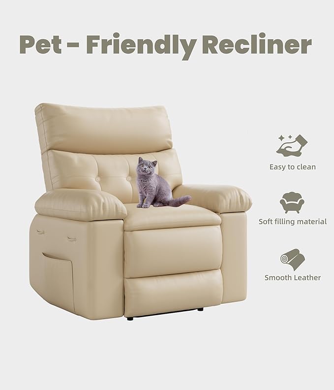 GarveeHome Oversized Wide Recliner Chair - Faux PU Leather Large Manual Recliner for Adults, Lazy Chair with 1.5X Sponge Comfort Arm and Back for Living Room, Bedroom - Cream