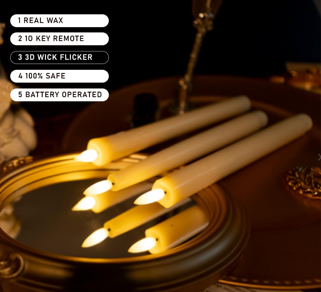 Upgraded Real Wax LED Flameless Taper Candles with Remote, KSWING 6 PCS Ivory Candlesticks Battery Operated 3D Flickering - 9.6" Long Realistic Fake Candle Sticks for Home/Wedding/Fireplace Xmas Decor