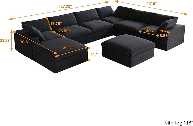 Cloud Couch Modular Sectional Sofa with Storage Ottomans,Oversized Down Filled 8 Seater Convertible Sectional Sofas, Black Wide Deep Seat Couch for Living Room,Covers Washable&Replaceable