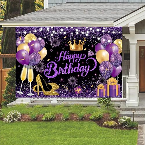 YinQin 180x120 cm Glitter Black Purple Golden Happy Birthday Party Photo Backgrounds Backdrops Cloth 71x47 inch Purple Gol...