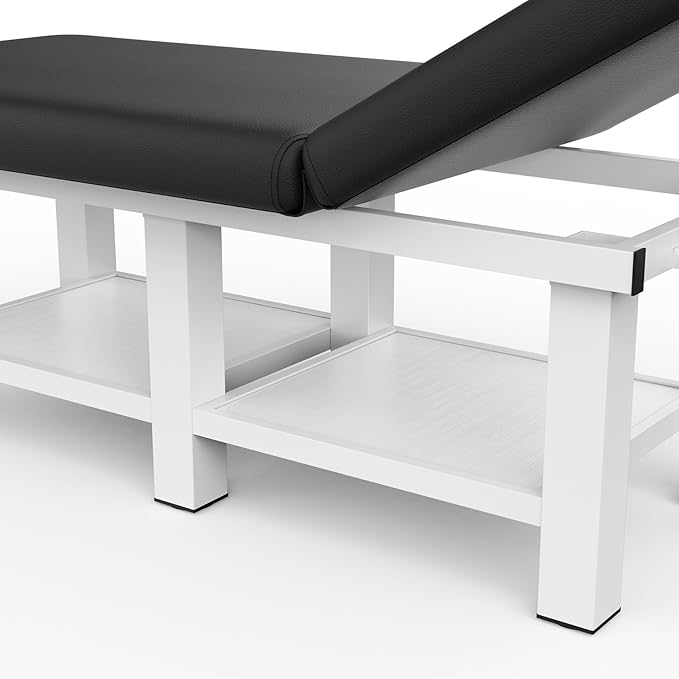 pouseayar Metal Frame Wide Stationary Massage Table for Treatment Table Physical Therapy Table Spa Facial Bed, PU Leather 31.5'' Wide 75'' Long (Black, Segmented Structure)