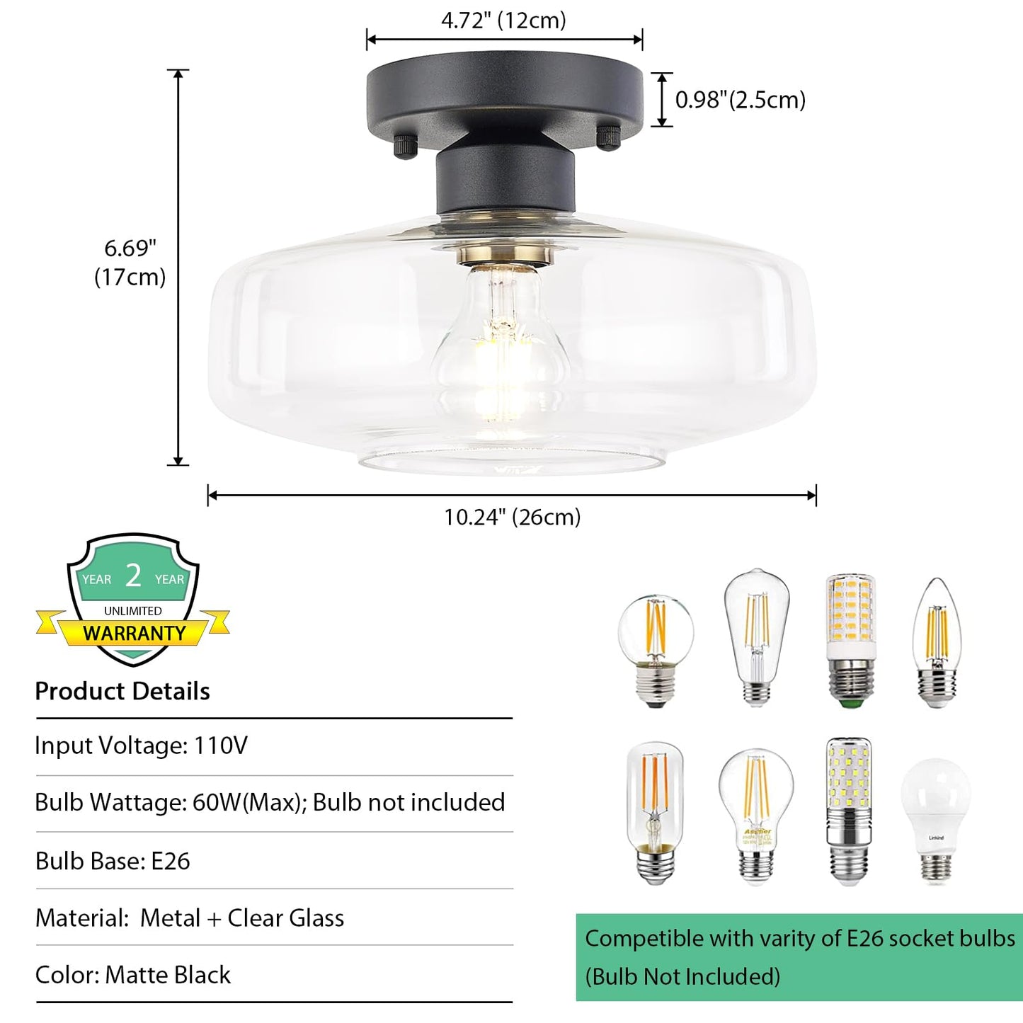Ceiling Light Fixture with Clear Glass Shade,Matte Black Flush Mount Ceiling Light for Hallway, Entryway,Living Room, Bathroom,Closet