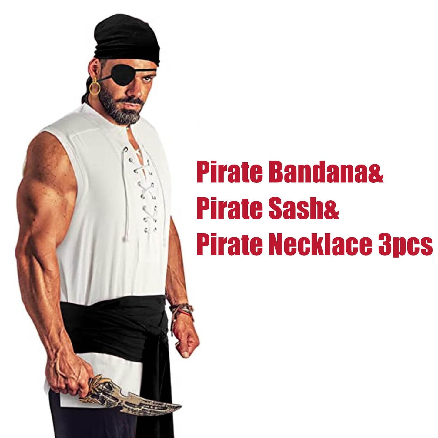 Pirate Accessories Set - Headband, Hat, Bandana, Sash Belt, Jewelry for Women and Men, Medieval Renaissance Halloween Costume (Black)