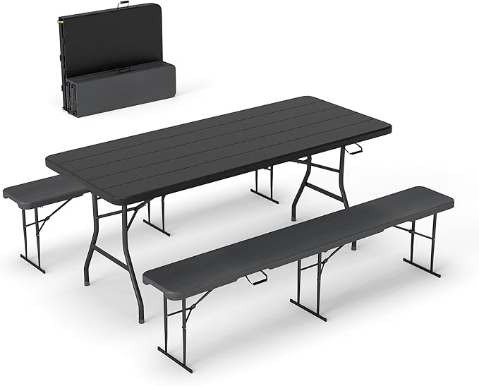 Real Relax 6' Picnic Table with 2 Benches, 3 Piece Black Wood Grain Portable HDPE Folding Camping Table and Benches for Co...