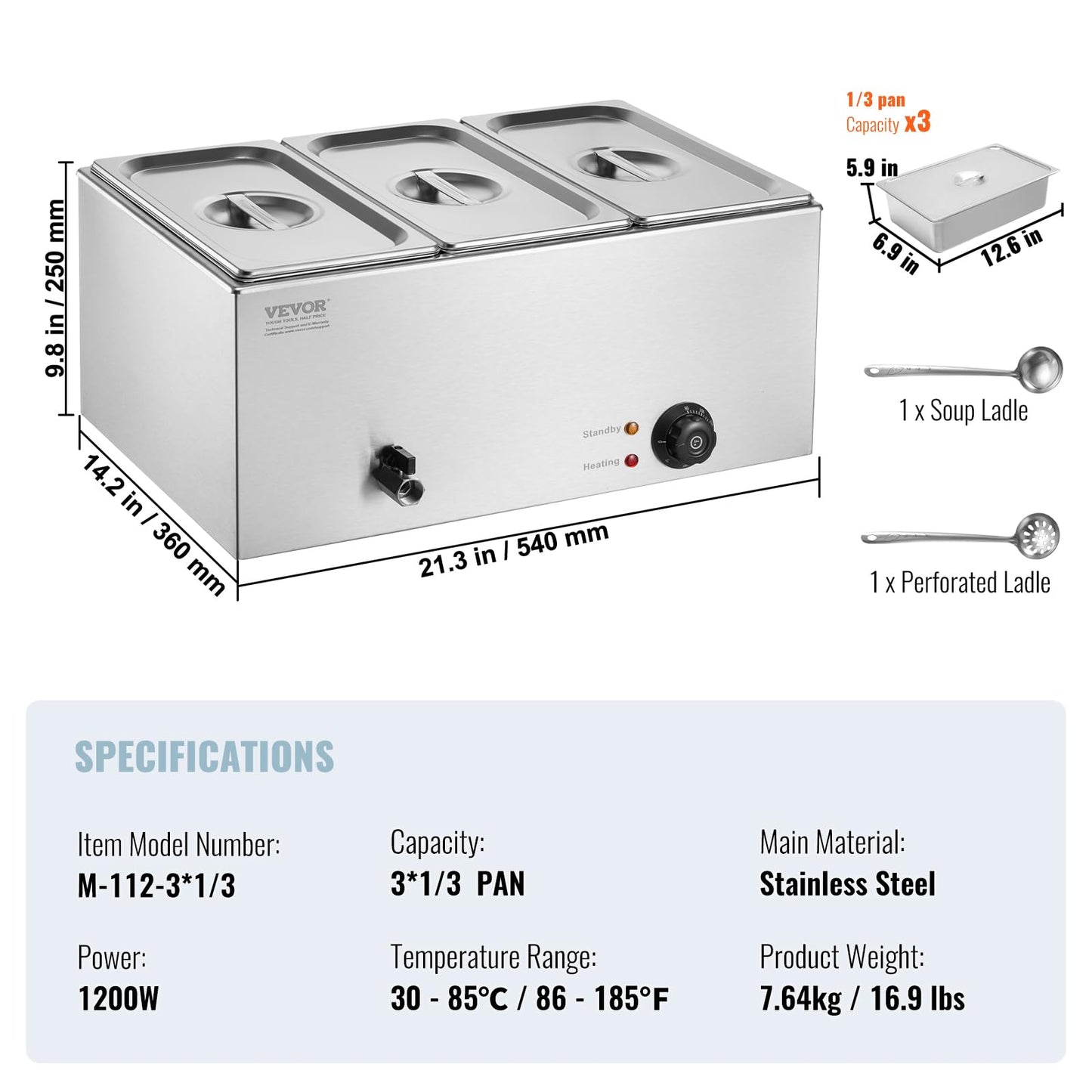 VEVOR 3-Pan Commercial Food Warmer, 24QT Electric Steam Table, 1200W Professional Countertop Stainless Steel Buffet Bain Marie with 86-185°F Temp Control for Catering and Restaurants, Silver