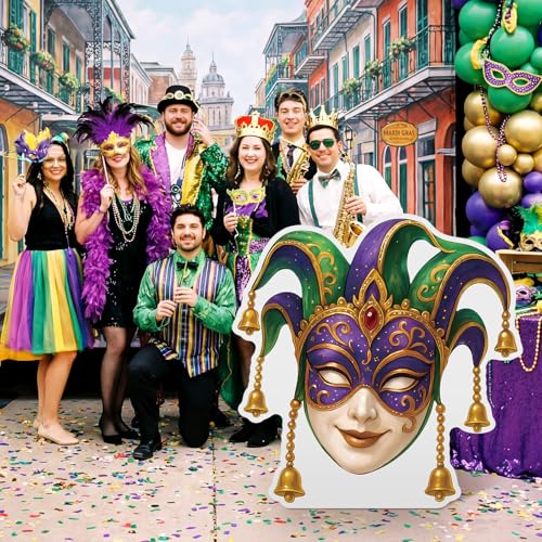 Yookeer Mardi Gras Mask Decoration Outdoor 47 Inch Carnival Backdrop Set Large Venetian Mask Photo Prop Board Giant DIY Ma...