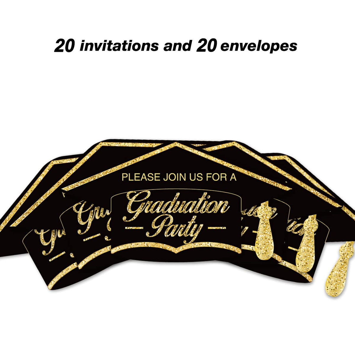 Opomzk Graduation Party Invitations with Envelopes, 20 Set Graduation Hat Shaped Invitations Grad Announcement Party Invites Supplies Favors, Double-Sided Black and Gold