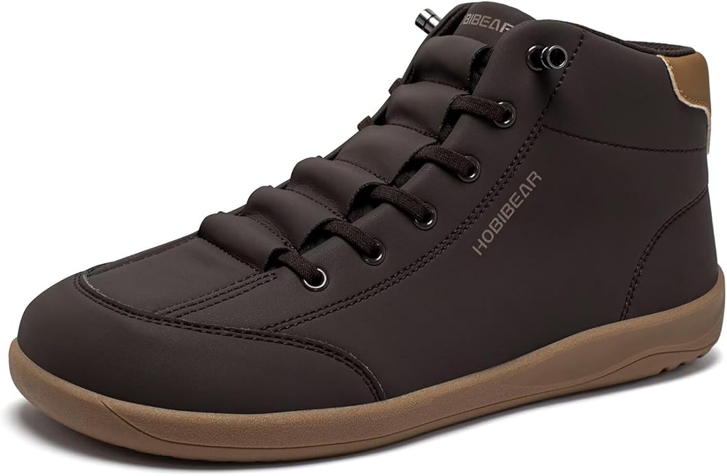 HOBIBEAR Leather Barefoot Boots Zero-Drop Wide Width Minimalist Shoes Unisex Mid Top Walking Boots