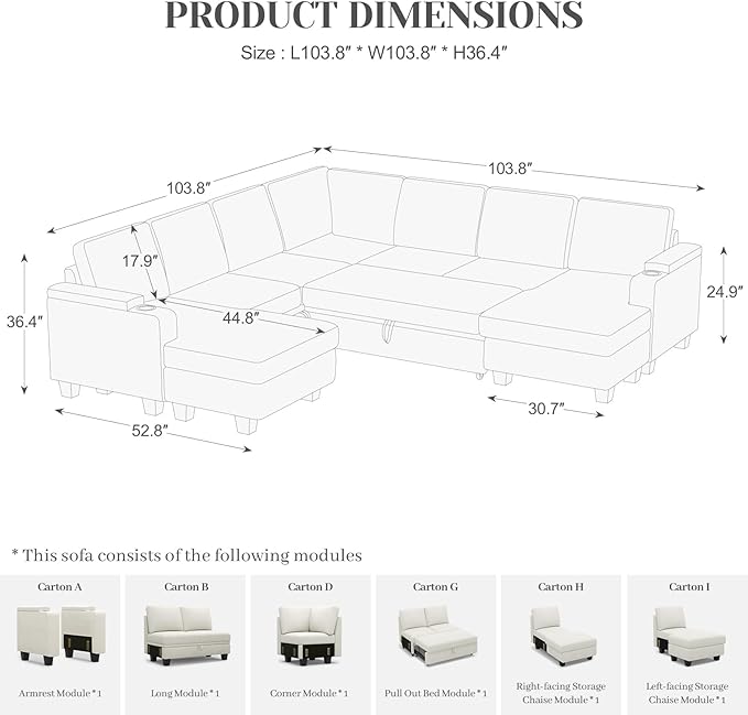 Belffin Modular Sectional Sofa with Pull Out Couch Bed Sectional Couch Convertible Sleeper Sofa with Cup Holder. White