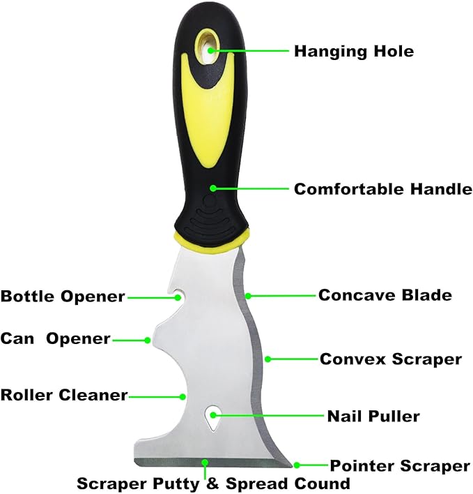 9-in-1 Painter's Tool, Straight Scraper, Gouger, Roller Cleaner, Curved Scraper, Bottle Opener, Can Opener, Nail Puller, Screwdriver, Hammer | Stainless Steel/Soft Grip Handle